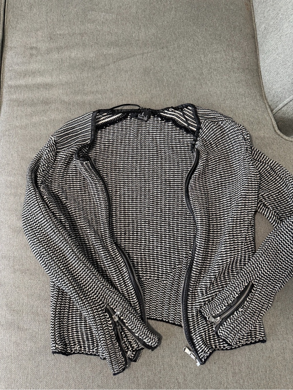 H&M Black and White Textured Knit Zip Cardigan